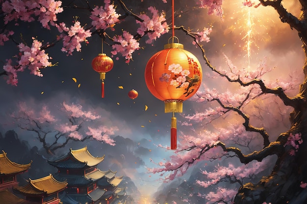 Lunar New Year-Hintergrundbild einer Laterne, die in abstraktem Design auf einem Pfirsichzweig hängt