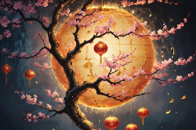 Lunar New Year-Hintergrundbild einer Laterne, die in abstraktem Design auf einem Pfirsichzweig hängt