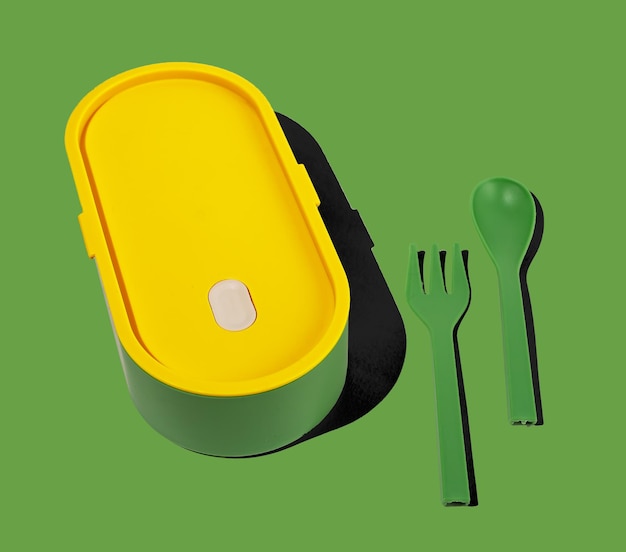 Lunchbox und Gabellöffel-Utensilien. Grüne Lunchbox-Behälter-Lebensmittelverpackung