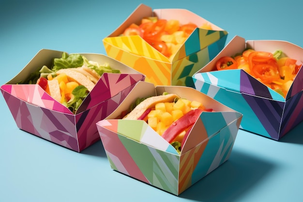 Lunchbox-Verpackungsdesign mit abstrakten Linienelementen und Farben, die von der KI generiert wurden