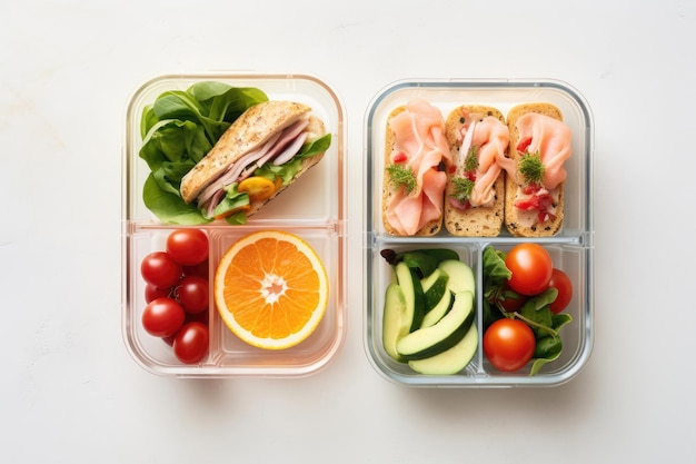 Lunchboxen mit leckerem Essen und einem Glas Saft auf weißem Hintergrund