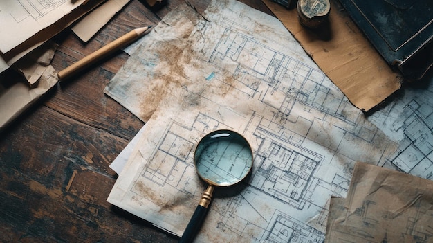 Una lupa se apoya en planos arquitectónicos en una mesa de madera