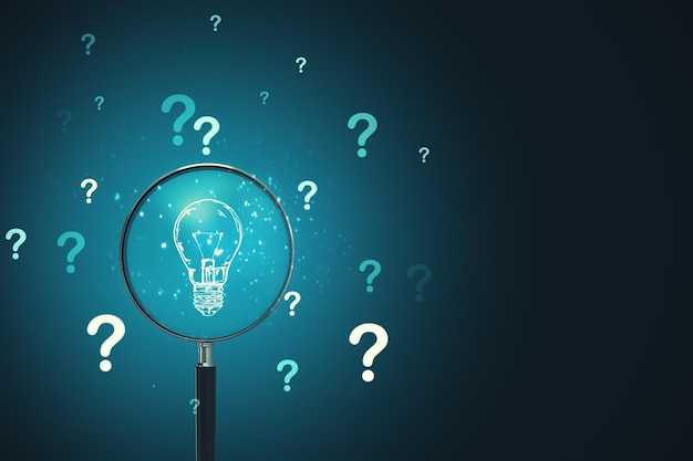 Lupa, búsqueda, bombilla, y, dibujo, signo de interrogación