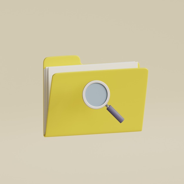 Lupa y carpeta amarilla con archivos Concepto de búsqueda de documentos ilustración 3d