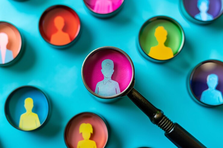 La lupa se centra en el perfil de una persona elegida de una multitud de candidatos coloridos