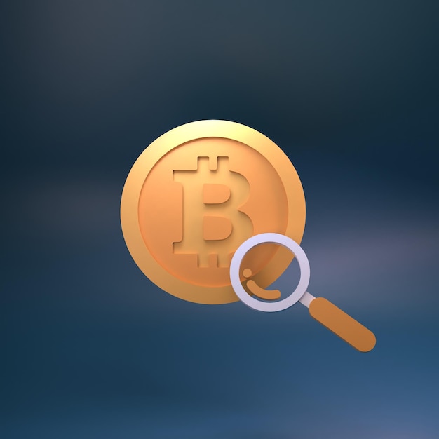Lupa e bitcoin assinam ilustração de renderização 3d