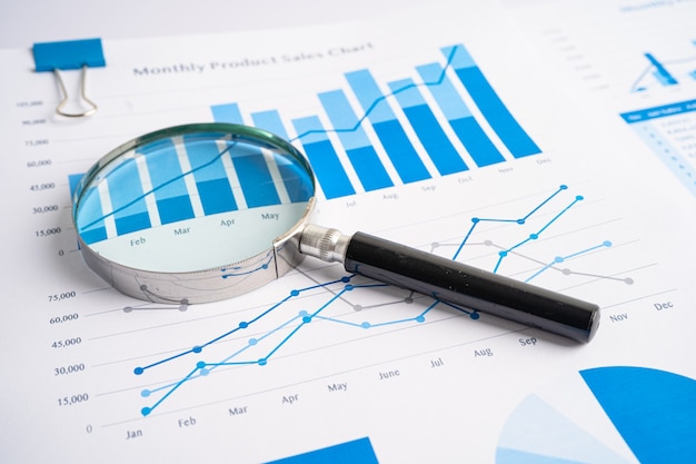 Lupa em papel de gráficos de gráficos. Desenvolvimento financeiro, conta bancária, estatísticas, economia de dados de pesquisa analítica de investimento, negociação de bolsa de valores, conceito de reunião de empresa de escritório de negócios.