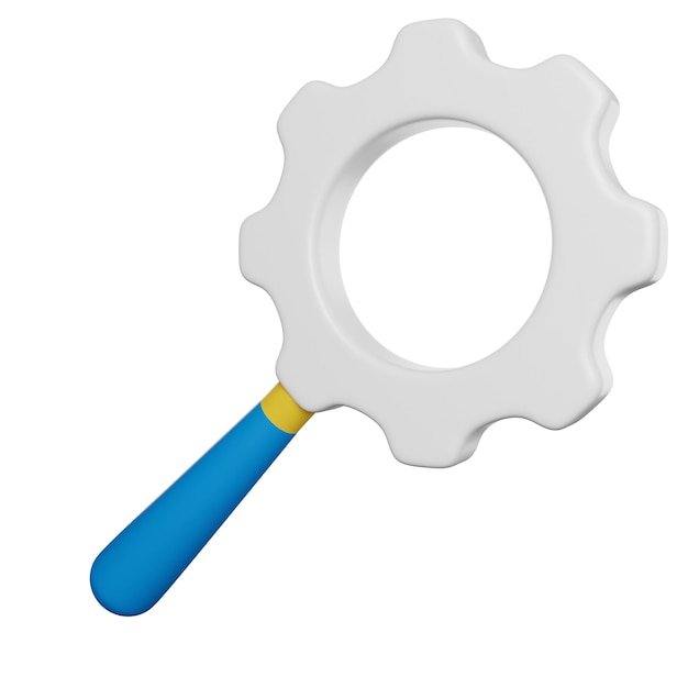 Lupa en forma de engranaje de dibujos animados 3D para configuraciones y búsqueda