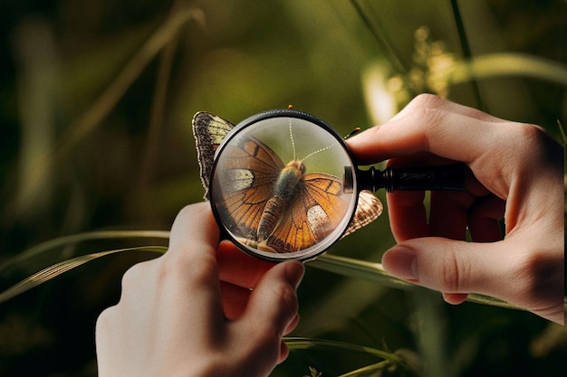 Foto lupa de manos y mariposa monarca en planta de hoja verde para investigación científica o entomología