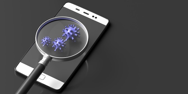 Foto lupa médica de infecção por coronavírus covid19 na ilustração 3d de fundo preto do telefone móvel