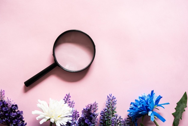 Una lupa negra sobre un fondo rosa y con flores de colores concepto de investigación de búsqueda