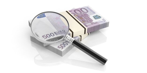 Lupa de representación 3d en la pila de euros