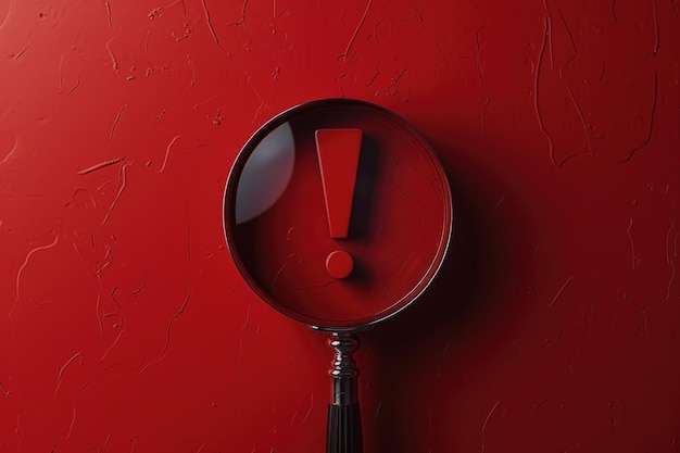 Foto una lupa con un símbolo de signo de exclamación rojo en ella adecuada para conceptos de urgencia y atención al detalle
