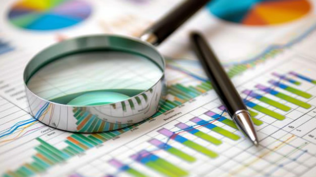 lupa sobre varios tipos de gráficos y gráficos comerciales coloridos en papel que sugieren análisis de datos o examen financiero