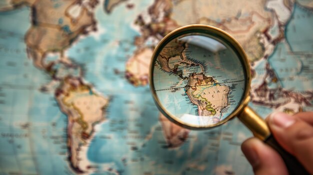 Una lupa sostenida sobre un mapa que hace zoom en una ubicación específica