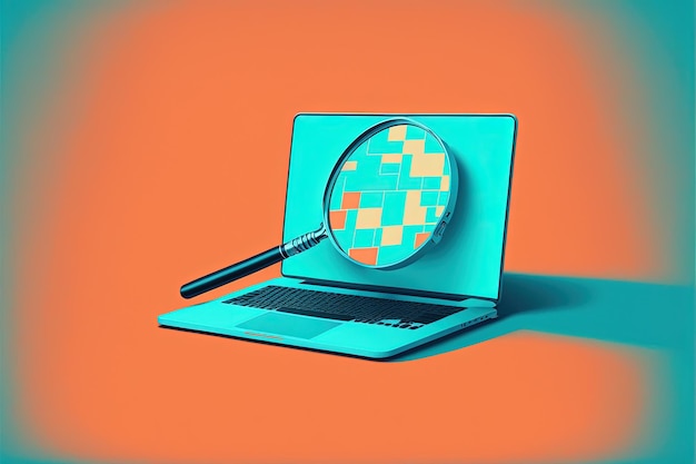 Lupe auf dem Laptopbildschirm, orangefarbener Hintergrund. AI digitale Illustration