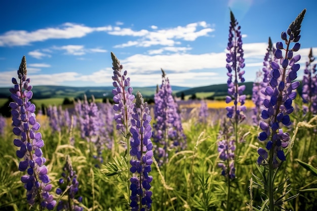 Lupin flores en un campo con el sol brillando en el horizonte