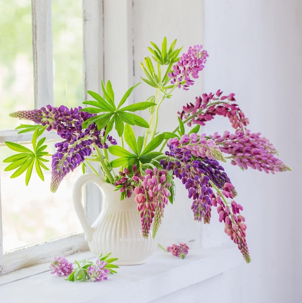 Lupine im Krug auf der Fensterbank