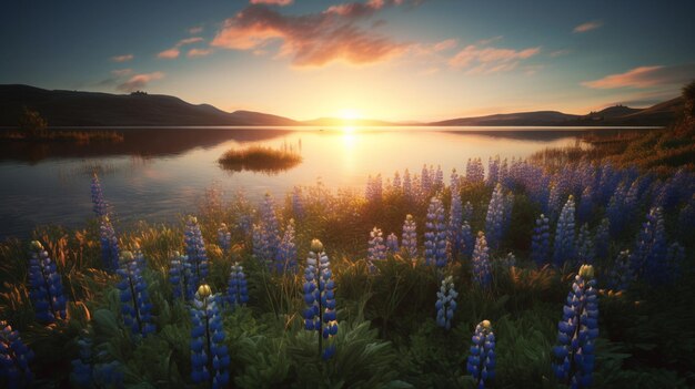 Lupinenblüten auf dem Hintergrund der untergehenden Sonne auf dem See