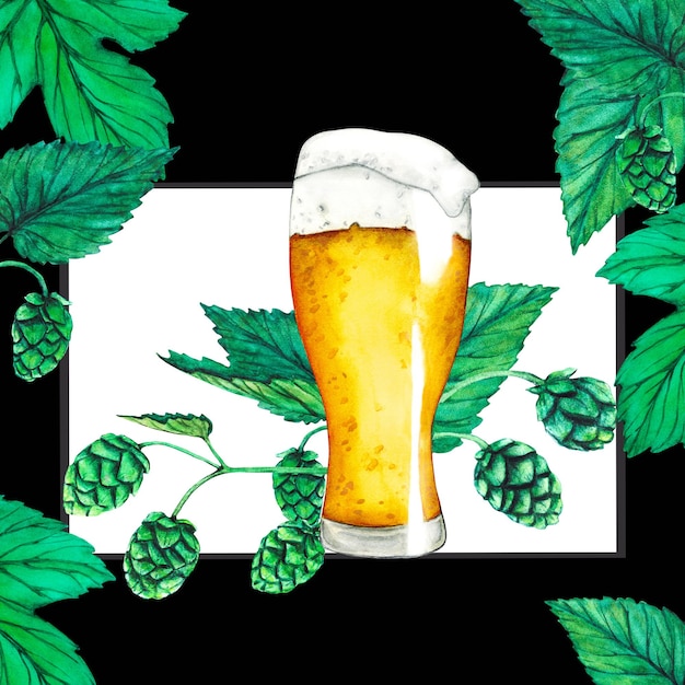 Lúpulo verde fresco Copo de cerveja Ilustração desenhada à mão em aquarela para Octoberfest Esboço em um fundo preto para ornamento ou qualquer design