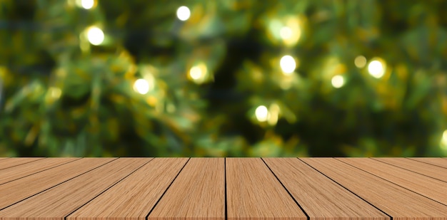 lur decorado fundo de pinheiro de enfeite de natal com mesa de madeira perspectiva