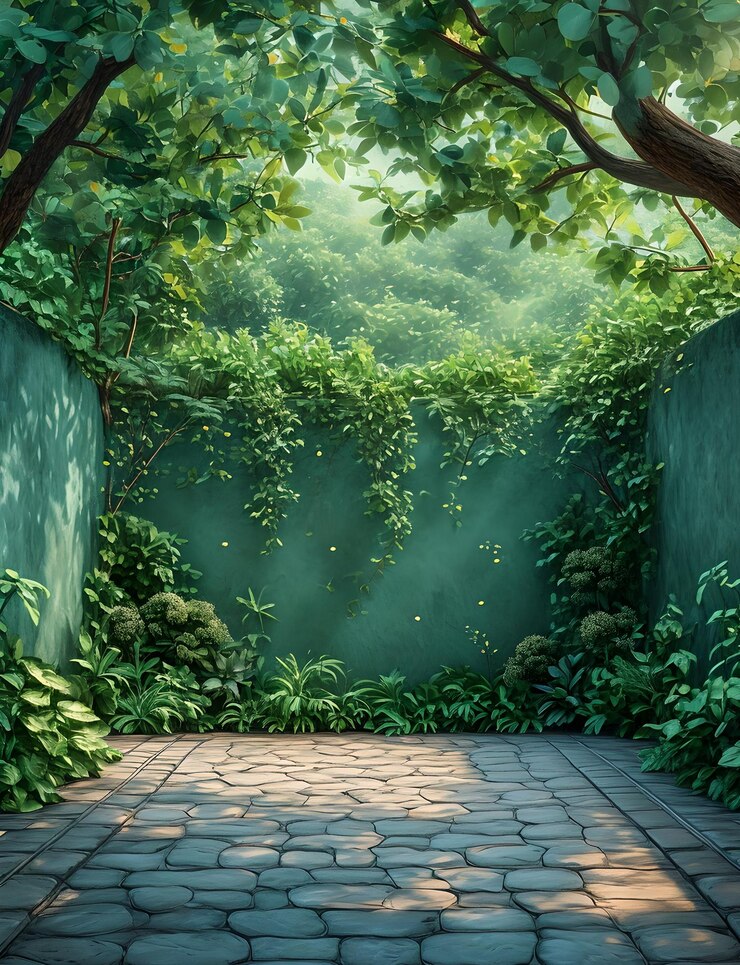 Lush Green Garden Courtyard con pared cubierta de hiedra Sereno tranquilo entorno natural al aire libre para