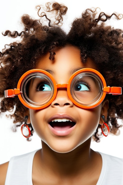 Lustig aussehendes afroamerikanisches Kind trägt eine futuristische Brille auf weißem Hintergrund