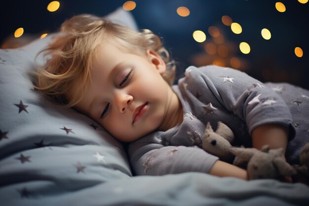 Foto lustig süß schön glücklich baby kind kleinkind junge mädchen schläft im schlafzimmer tochter sohn spielzeug ruhiger süßer traum junge eltern kümmern sich um kindheit bequemes teddyschlafkissen