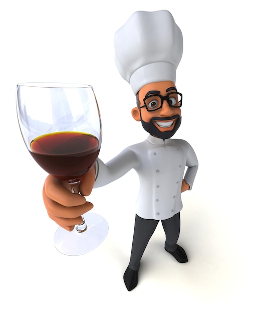 Lustige 3D-Cartoon-Illustration eines Kochs mit einem Glas Wein