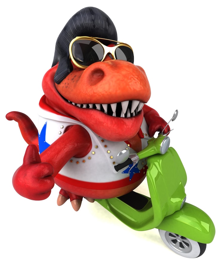 Foto lustige 3d-cartoon-illustration eines trex-rockers