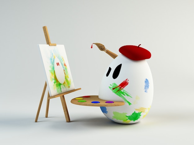 lustige 3D-Darstellung eines Eiermalers. Ostern-Konzept