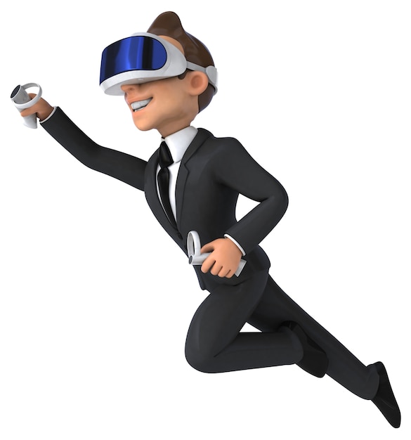 Lustige 3D-Illustration eines Cartoon-Geschäftsmanns mit einem VR-Headset