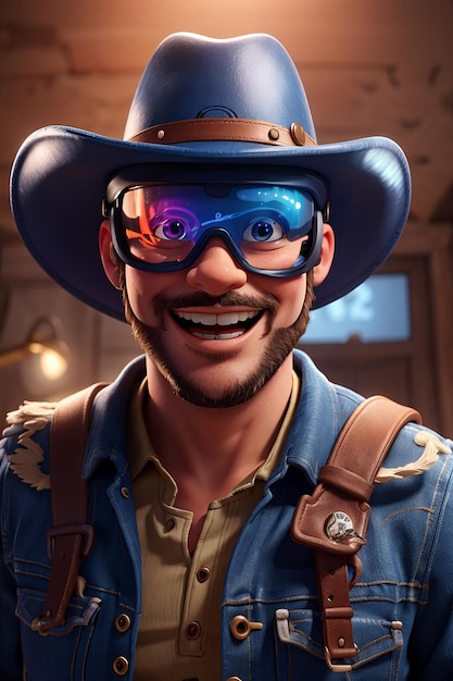 Lustige 3D-Illustration eines Cowboys mit einem VR-Helm