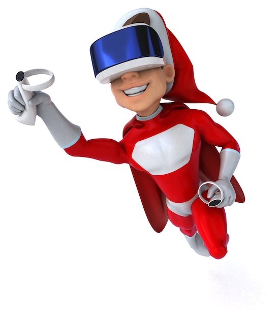 Lustige 3D-Illustration eines Super-Weihnachtsmanns mit einem VR-Helm