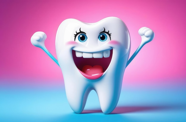 lustige aufgeregte Zeichentrickfigur von Zahn auf farbenfrohem Hintergrund Kinderzahnmedizin Stomatologie