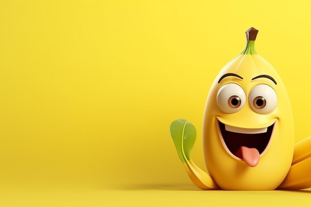 Lustige Bananenfigur mit großen Augen auf isoliertem Hintergrund, 3D-Illustration, generative KI