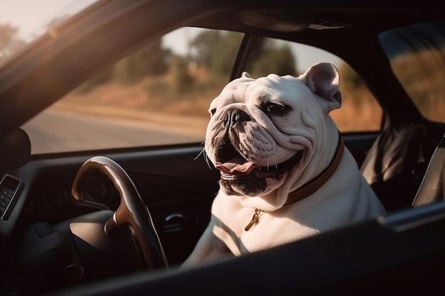 Lustige Bulldogge sitzt im Auto mit offenem Fenster