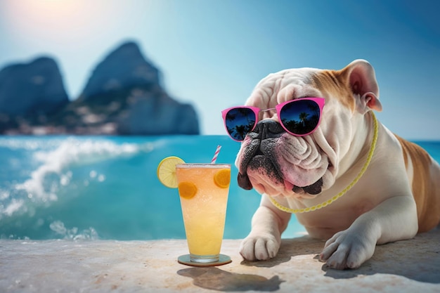 Lustige Bulldogge trinkt Cocktail an der Strandbar Summer Sea Resort