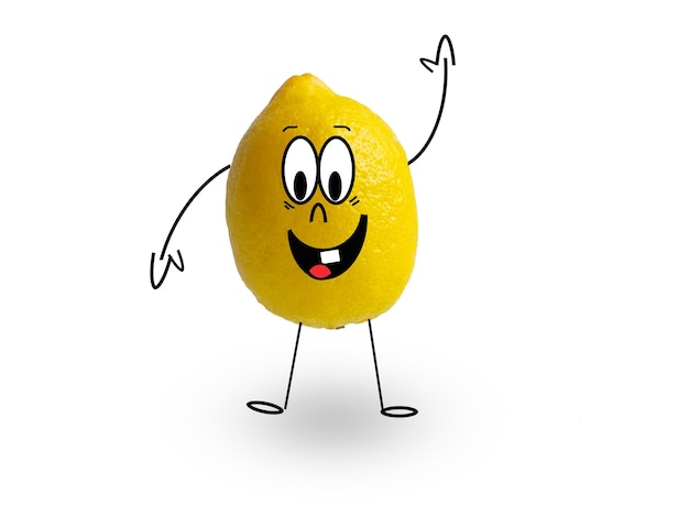 Lustige Cartoon-gelbe Zitrone mit fröhlichem Gesicht, Nahaufnahme isoliert auf weißem Hintergrund