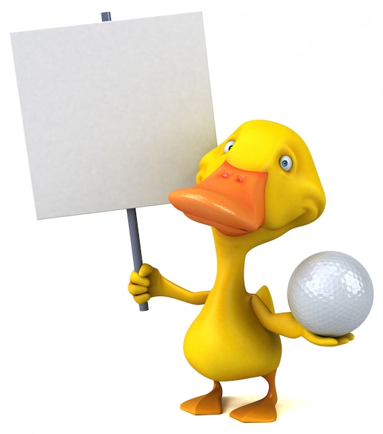 Lustige Ente mit weißem Golfball und leerem Brett