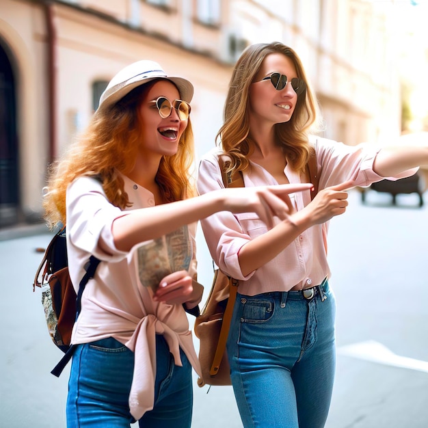 Lustige Freunde Reise- und Tourismuskonzept Schöne Mädchen auf der Suche nach Orientierung in der Stadt