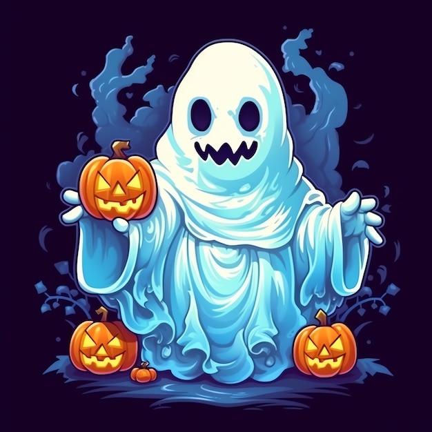 Lustige Geister auf Halloween-Feier auf einem Friedhof in der Nacht im niedlichen Cartoon-Stil Halloween
