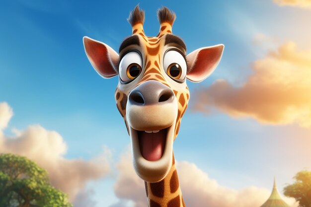 Lustige Giraffe auf blauem Himmel-Hintergrund 3D-Illustration