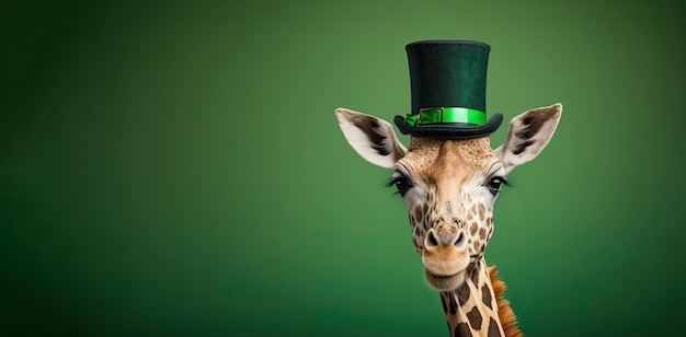 Lustige Giraffe mit grünem Hut, die den St. Patrick Day auf einem verschwommenen Hintergrund feiert Generative KI