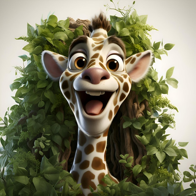 Lustige Giraffe mit grünen Blättern in 3D