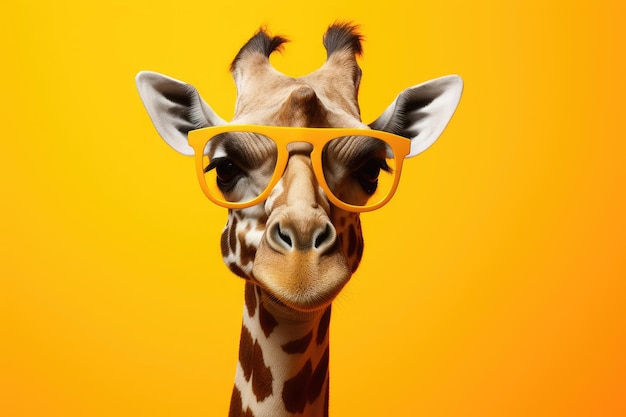 Lustige Giraffe mit Sonnenbrille auf gelben Hintergrund mit Kopierraum