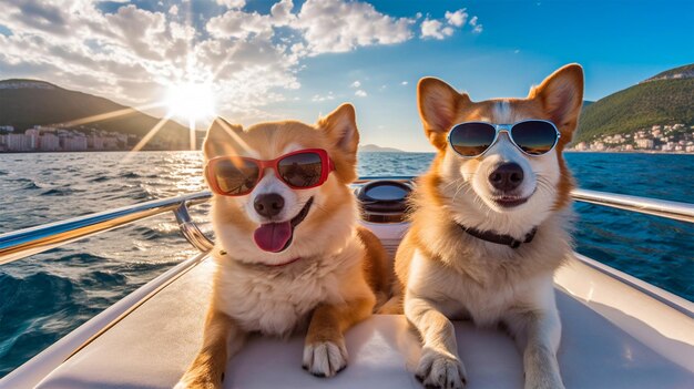 Lustige Hunde mit Sonnenbrillen machen Selfies auf einer Yacht auf dem Meer Generative Ai