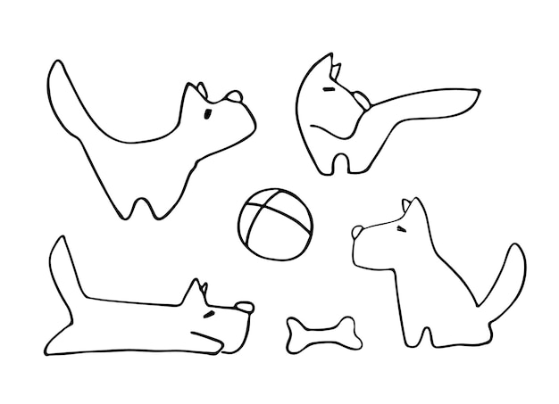 Lustige Hunde spielen Knochenball und Terrier-Droodles Set von Vektor-Schwarz-Weiß-Illustrationen im Cartoon-Stil