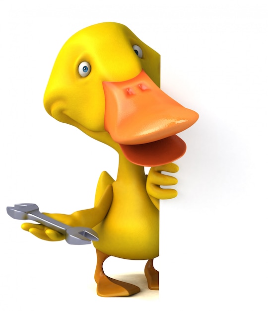 lustige illustrierte Ente, die einen Schraubenschlüssel hält