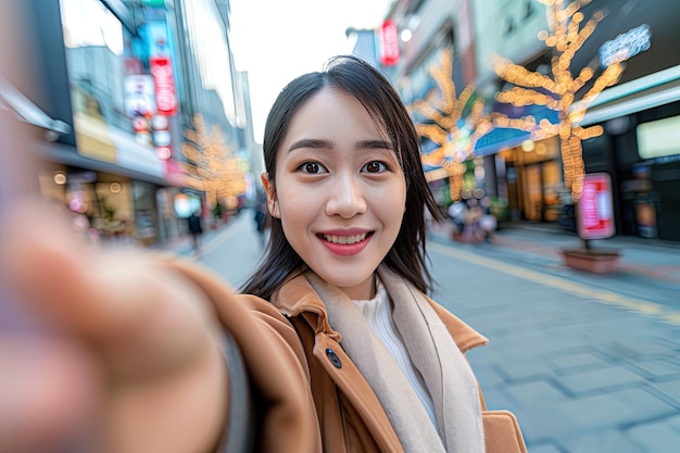 Lustige junge asiatische Reisebloggerin macht ein Selfie in der Stadt im Winterurlaub